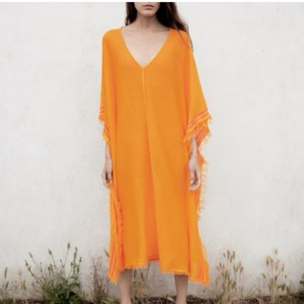 Zara Kaftan XS Orange Linen Blend Knit Oversized Lagenlook‎ Cover Up Boho Poncho
